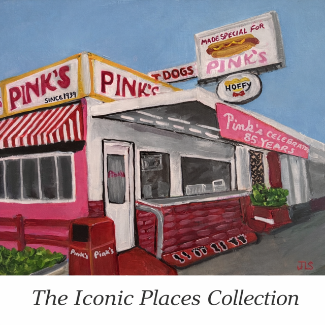 Painting of Pink's hot dog stand with pink exterior, signs celebrating 85 years, and a clear blue sky.