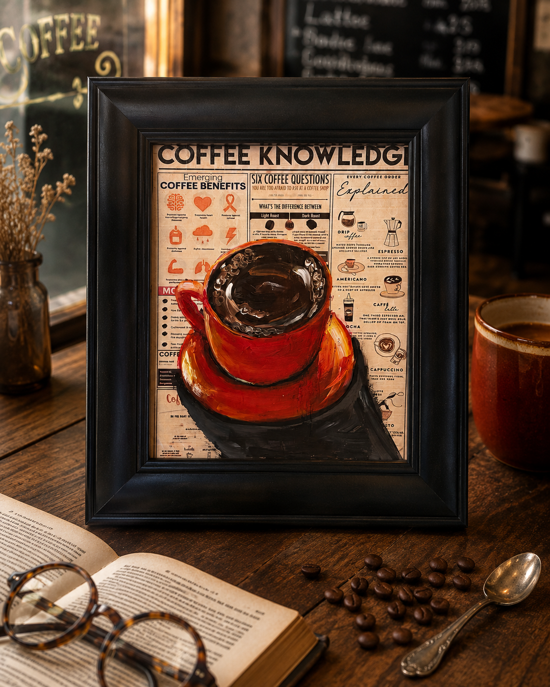 Coffee-themed mixed media artwork featuring a red coffee cup illustration, coffee facts, and retro coffeehouse design details.