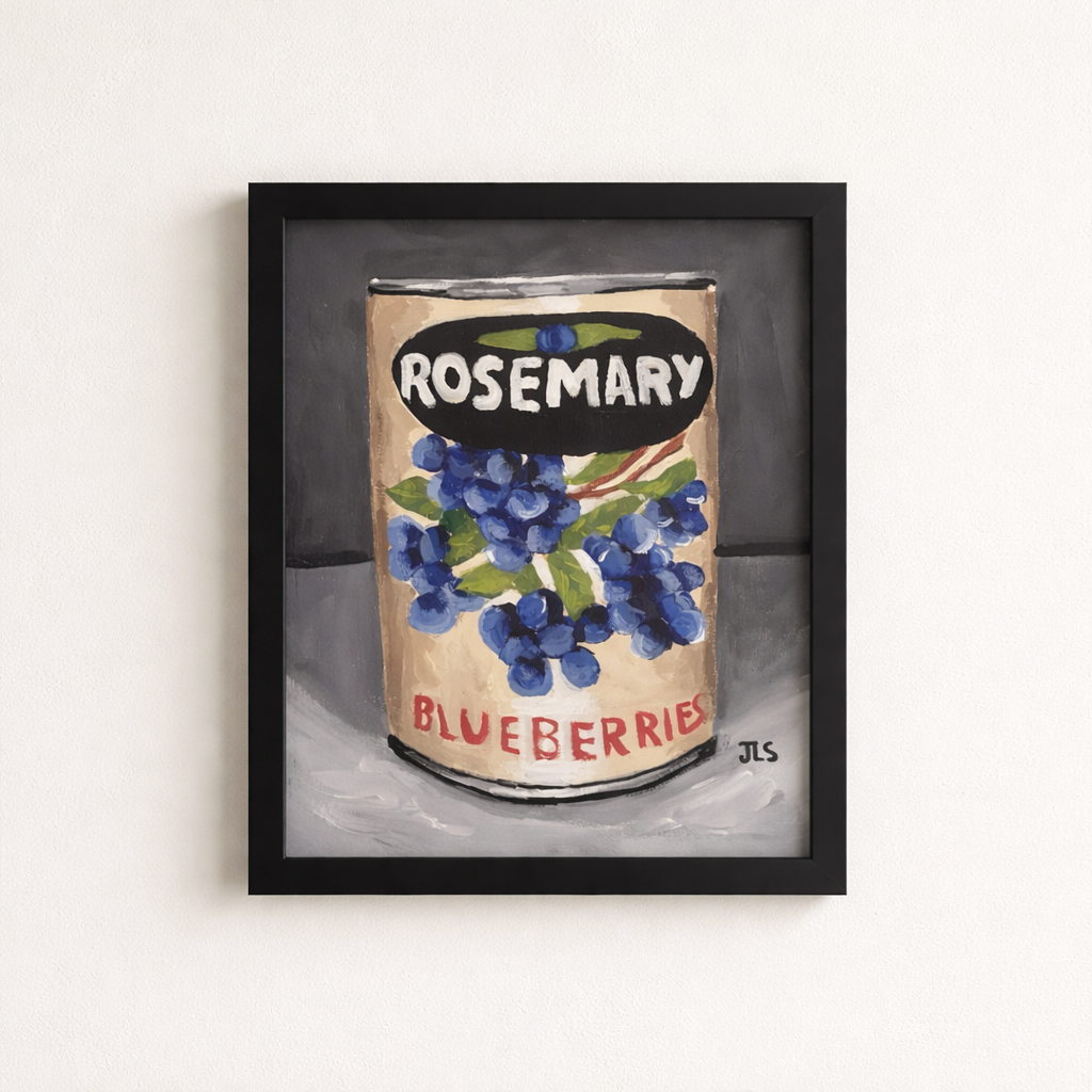 blueberries and leaves on a classic vintage food can label