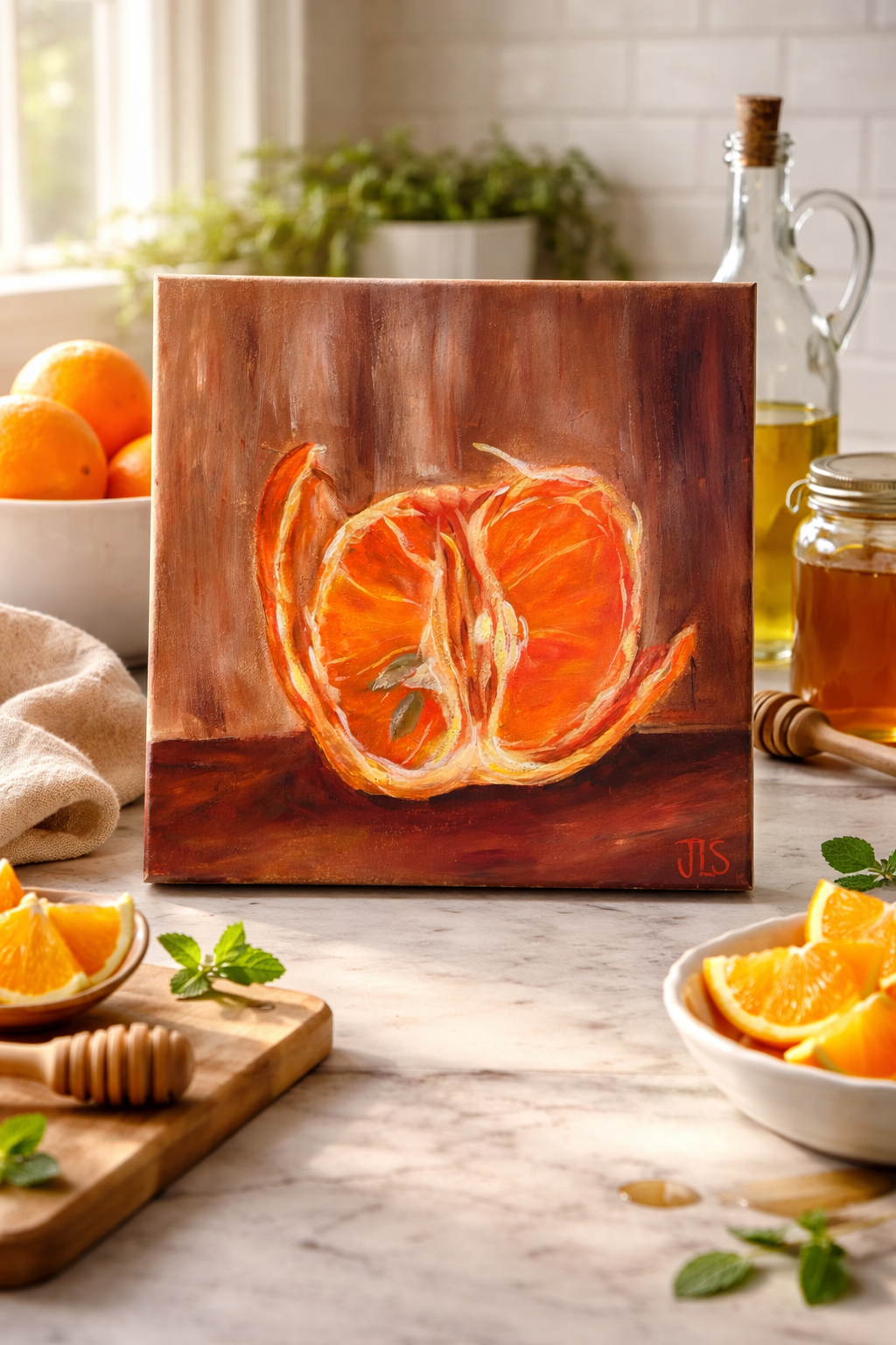 vibrant still life painting of a peeled orange, bright citrus color study with expressive texture and detail