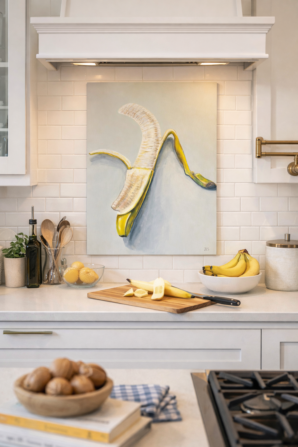Realistic still life painting of a banana on a parchment-toned background.