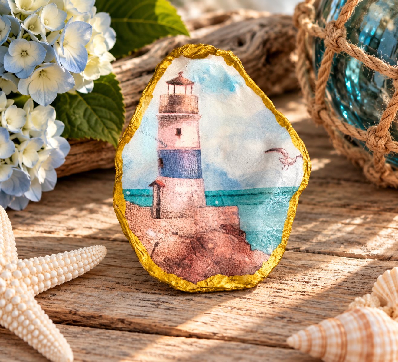 Coastal Lighthouse — Decoupage Oyster Shell Trinket Dish