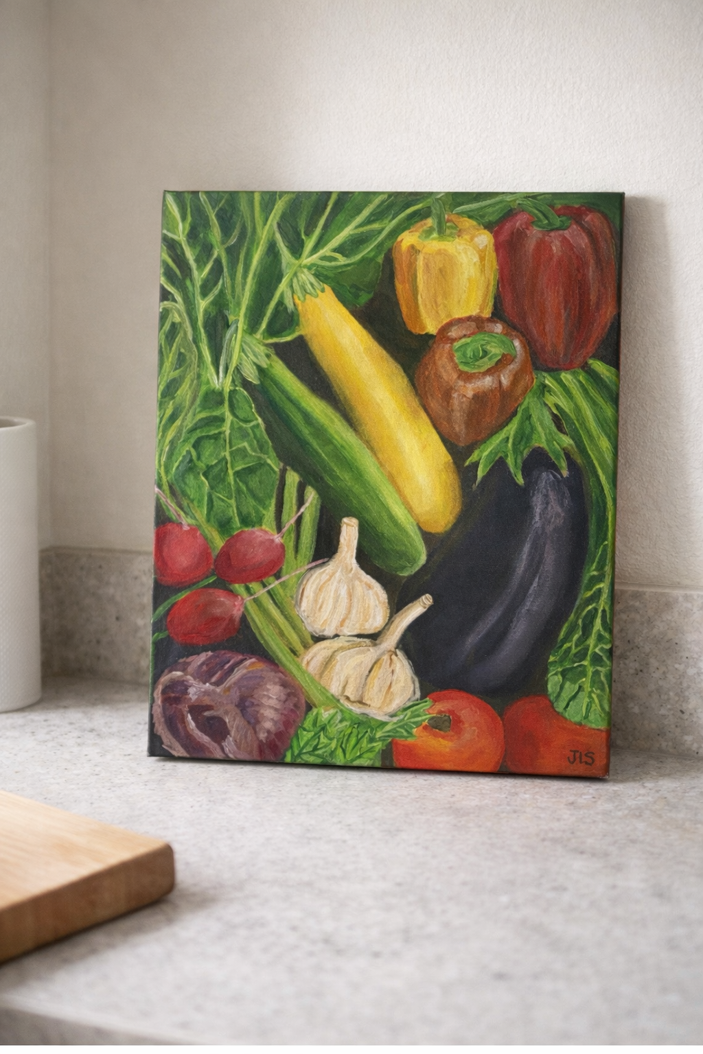 still life painting of a table full of vibrant vegetables like a farmers market display, colorful fresh produce scene