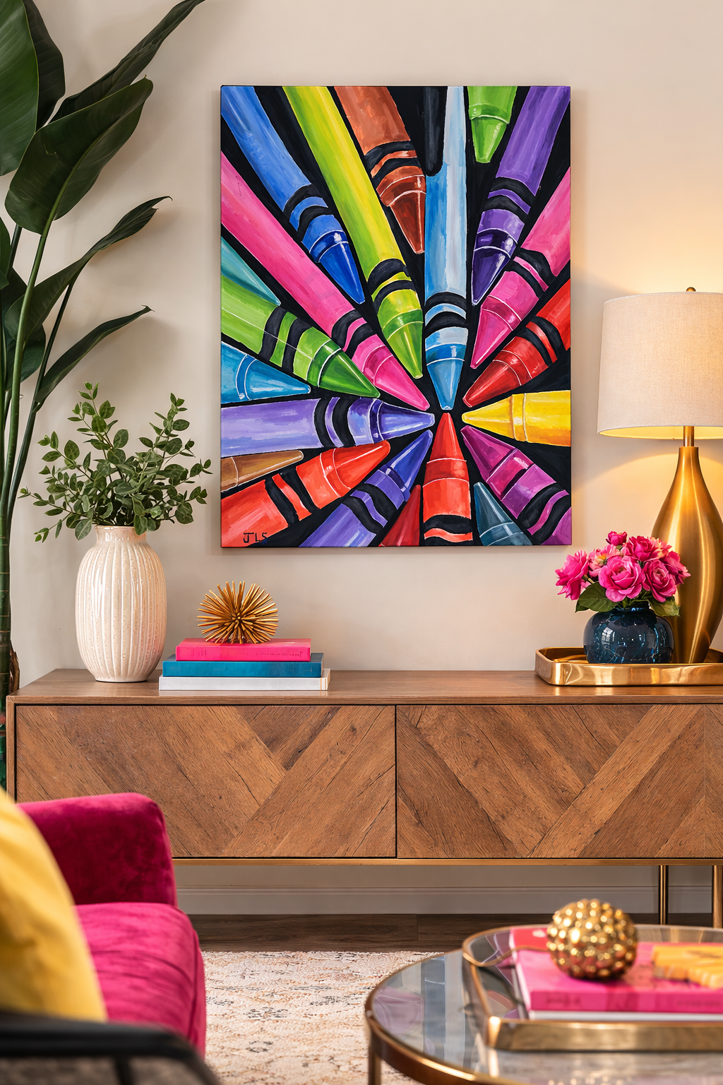 Still life painting of an array of brightly colored crayons.