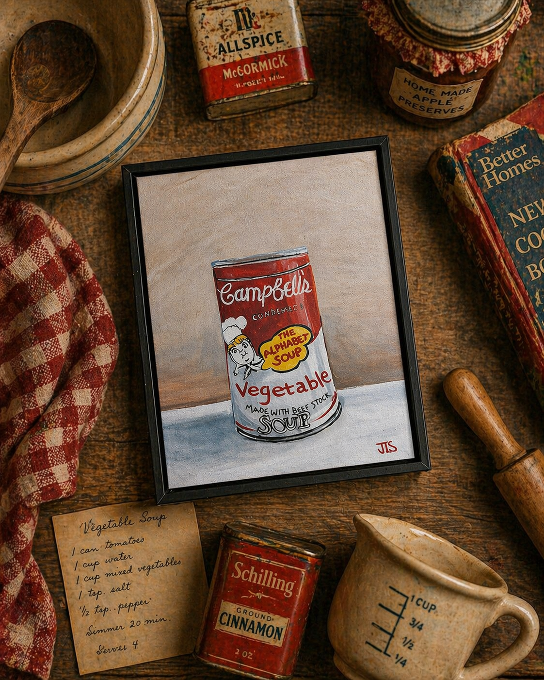 Vintage Campbell’s condensed vegetable soup can with alphabet soup badge and handwritten-style lettering