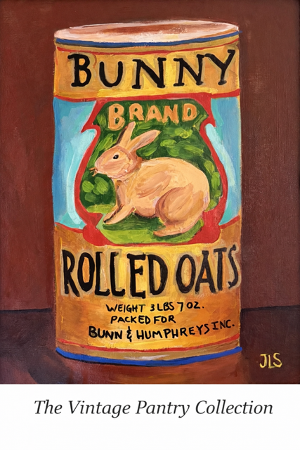 Painting of a vintage bunny-themed rolled oats cereal box with an illustration of a bunny and the words "Bunny Brand" and "Rolled Oats" on a brown background.