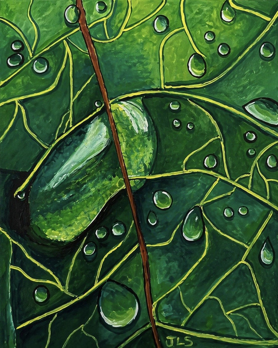 Green leaf with water droplets