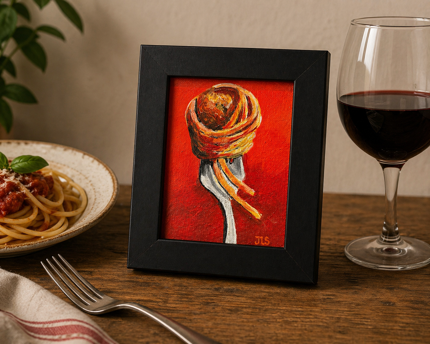 Spaghetti and meatball wrapped around a fork with textured red background