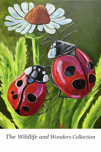 Painting of two ladybugs on green grass near a white daisy flower.