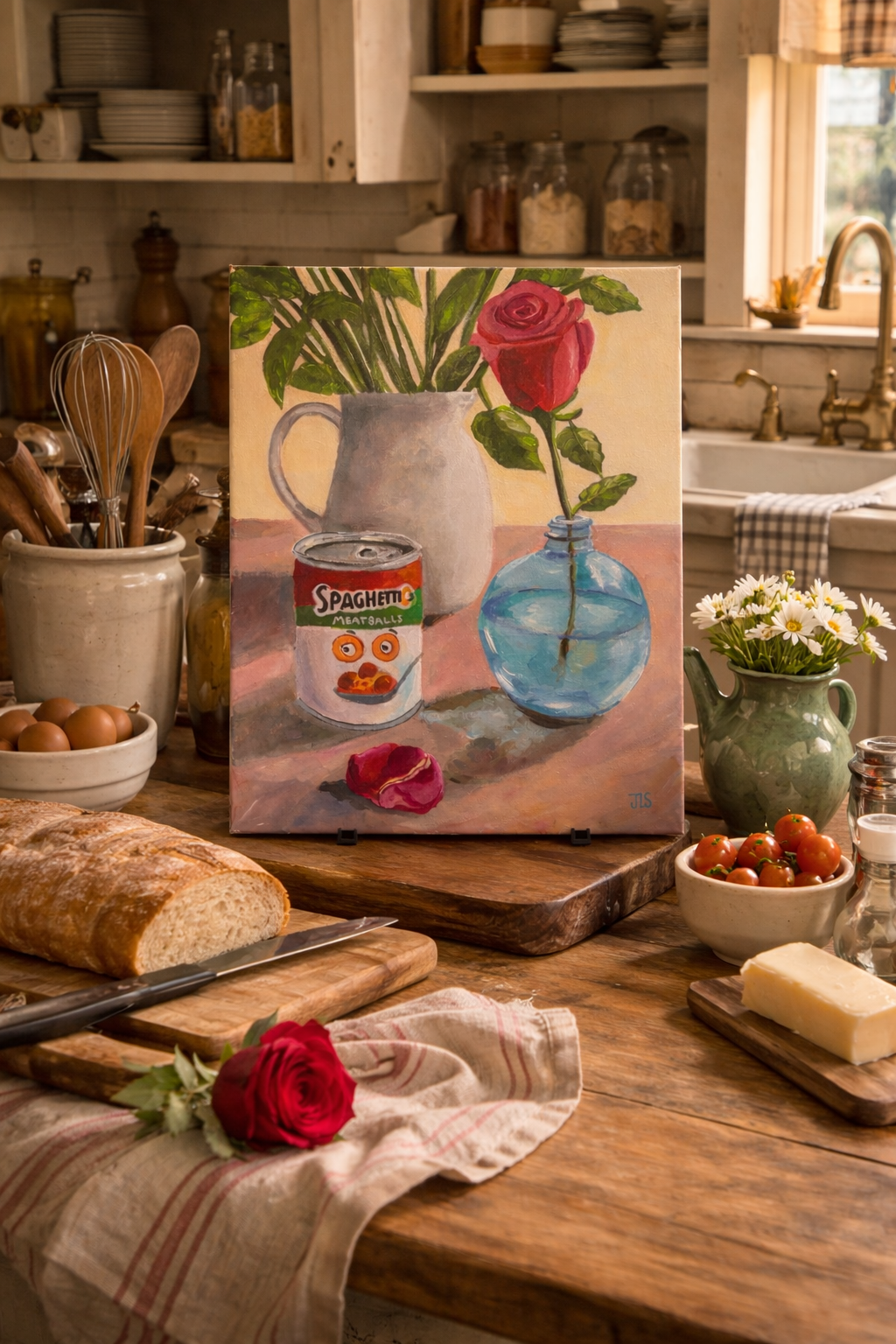SpaghettiOs can beside white pitcher with green leaves and red rose in blue glass vase