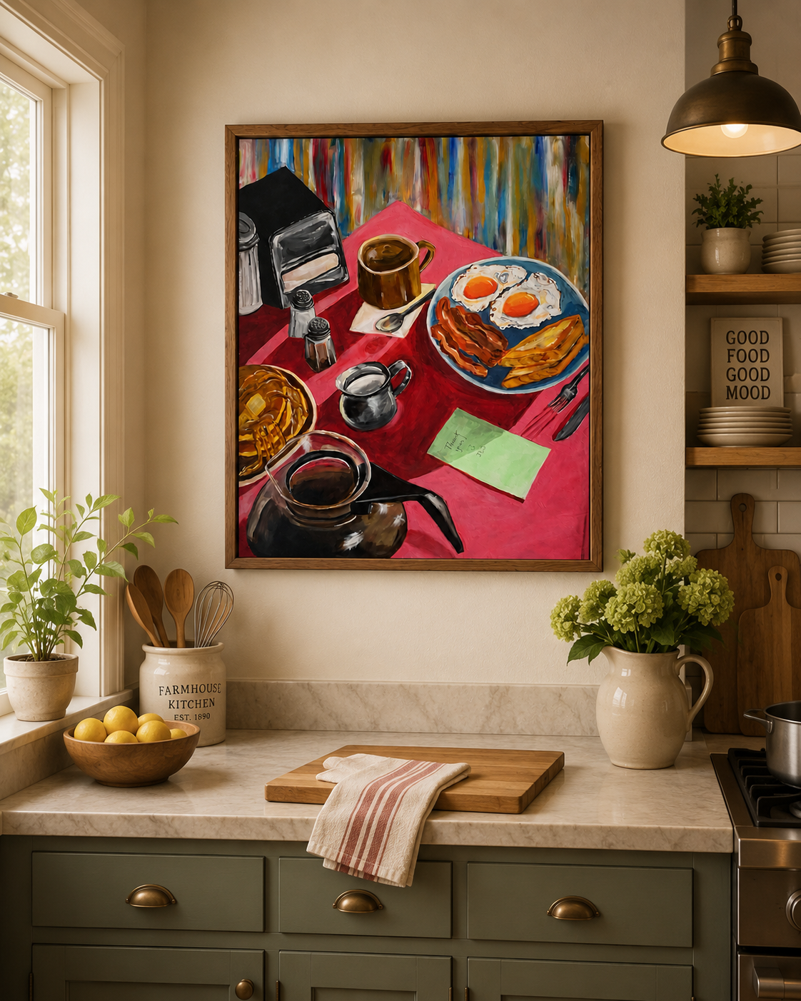 Painting of a classic diner breakfast with pancakes, eggs, bacon, toast, coffee, and syrup in an original acrylic painting by Jane L. Sayers.