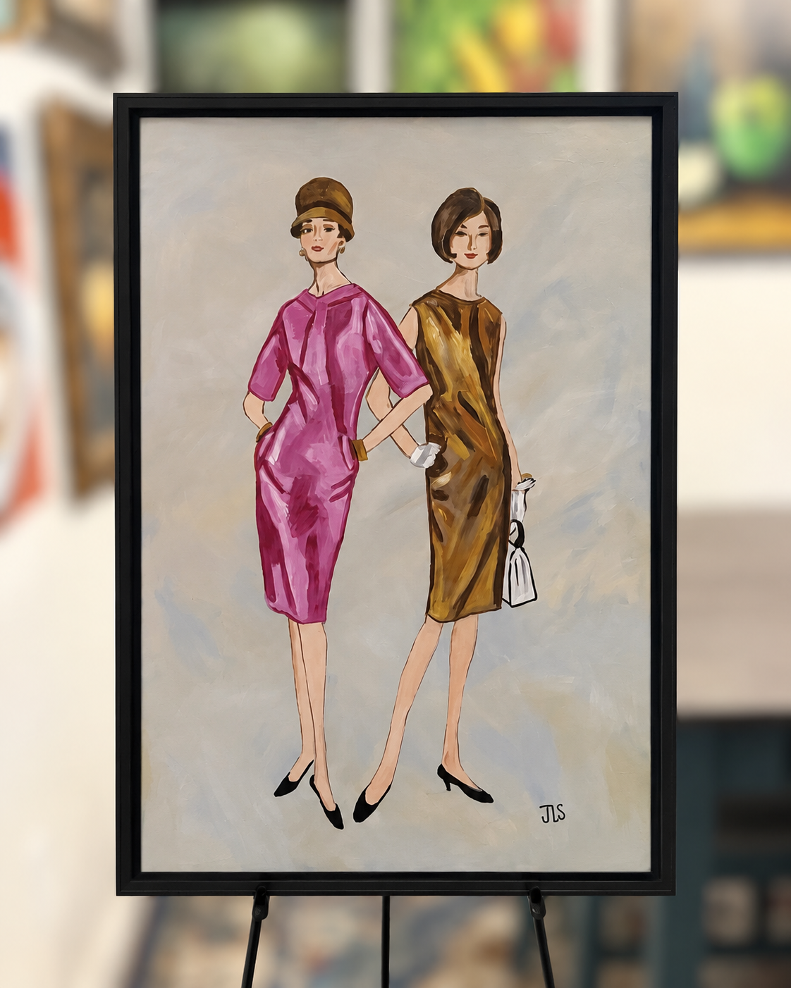 Vintage Fashion Painting – Mid Century Women Original Acrylic Painting Framed 20x30
