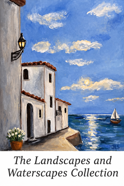 Painting of a coastal village scene with white buildings, a stone pathway, a lamp post, a potted plant with white flowers, blue sky with clouds, and a sailboat on the water.