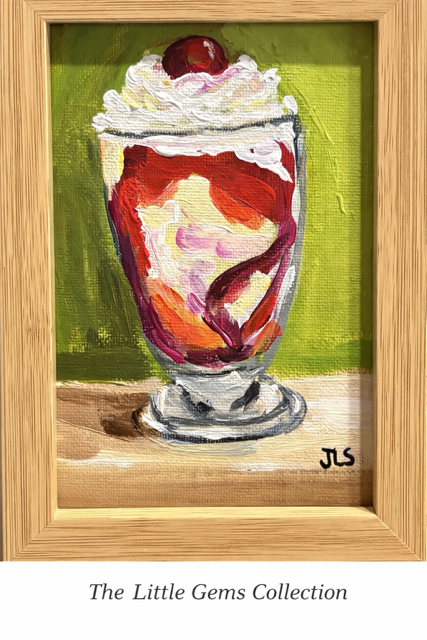 An impressionistic painting of a dessert sundae in a glass cup with whipped cream and a cherry on top, signed JL, framed in light wood.
