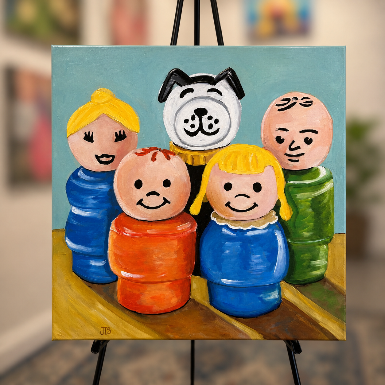 Painting of vintage Fisher Price Little People family, original hand painted toy art.