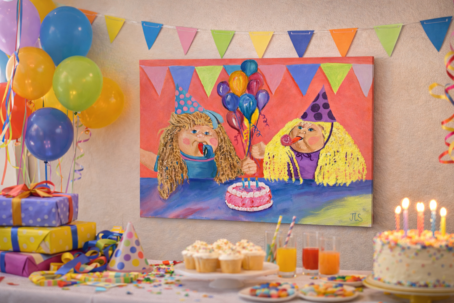 Colorful painting of two Cabbage Patch dolls celebrating a birthday with cake, balloons, and party hats.