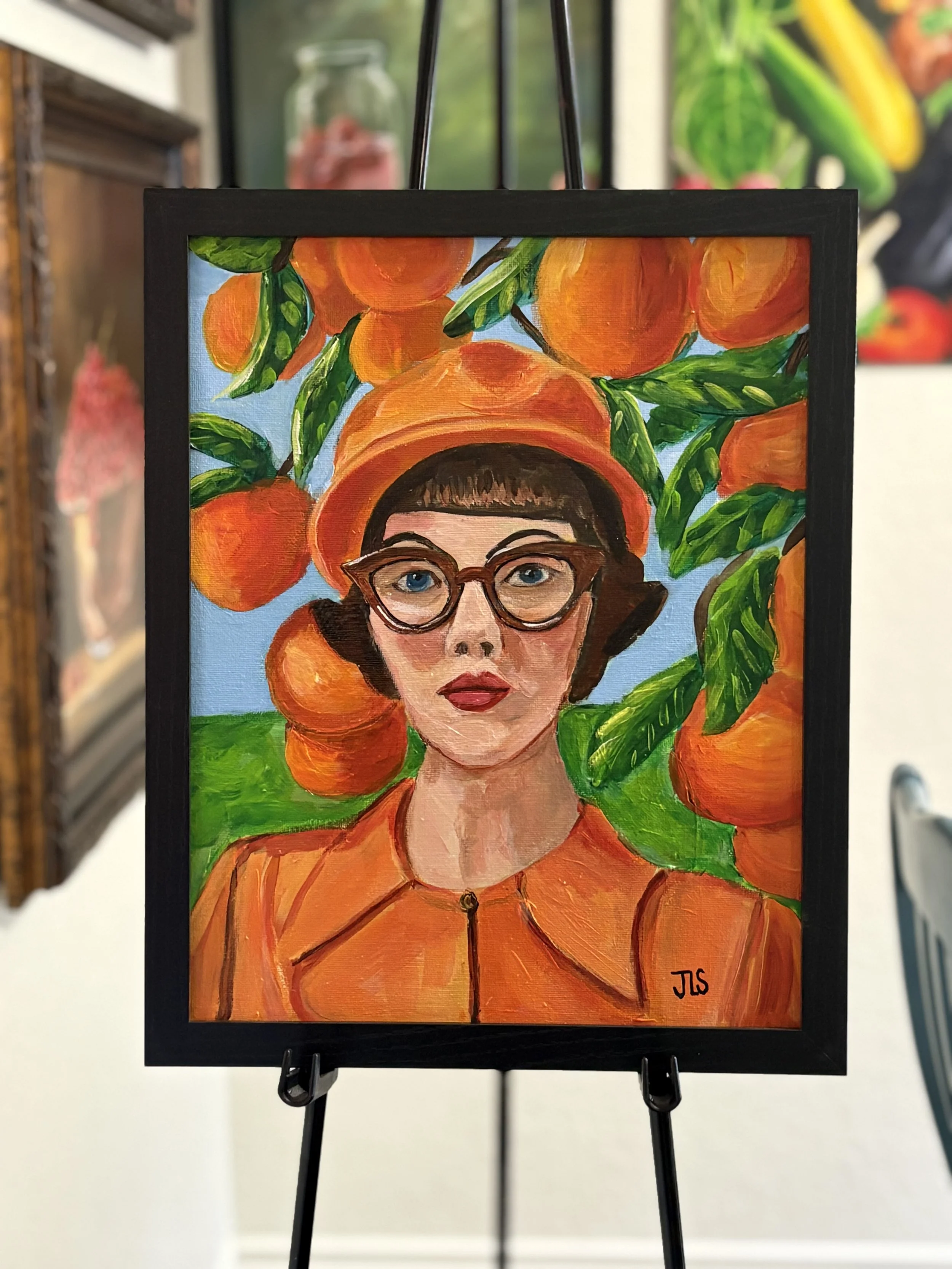 Woman With Orange Hat in Orange Grove painting 11 x 14” framed Free Shipping