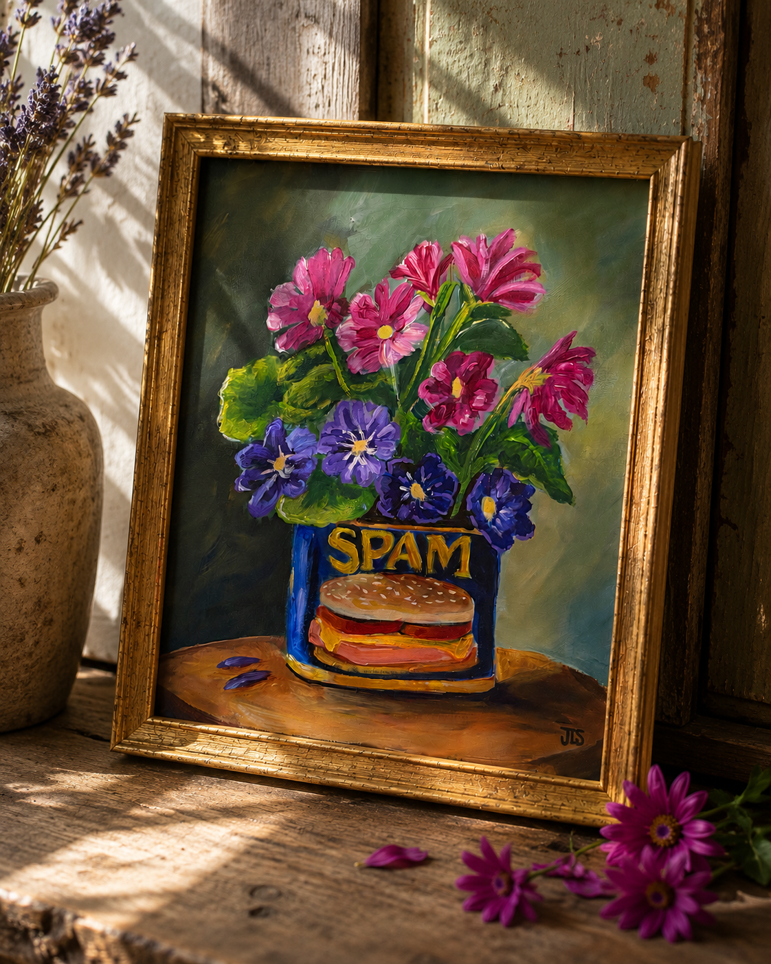Original floral still life painting featuring pink and purple flowers in a vintage SPAM can