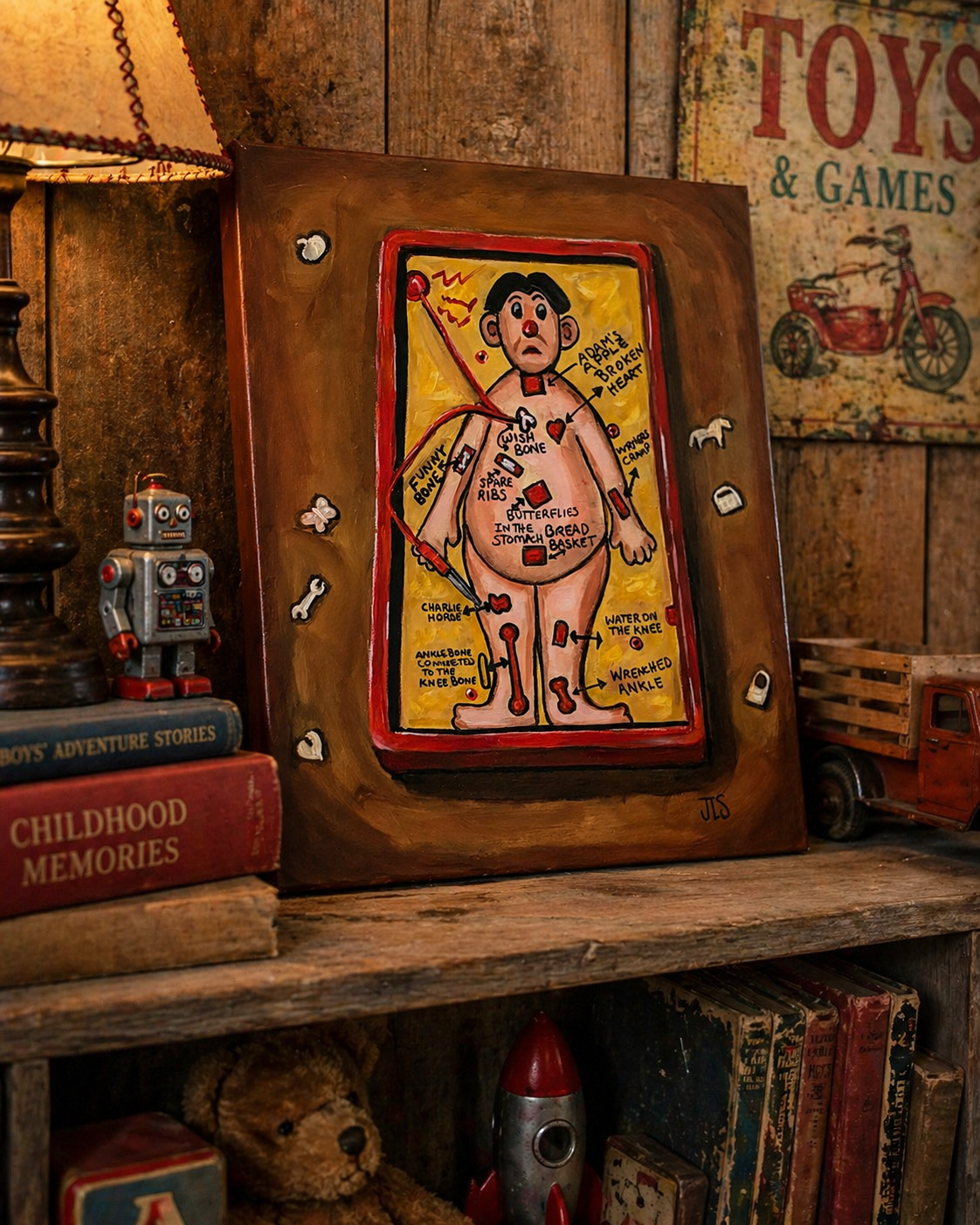 Operation game patient figure with red nose and labeled body parts on brown background