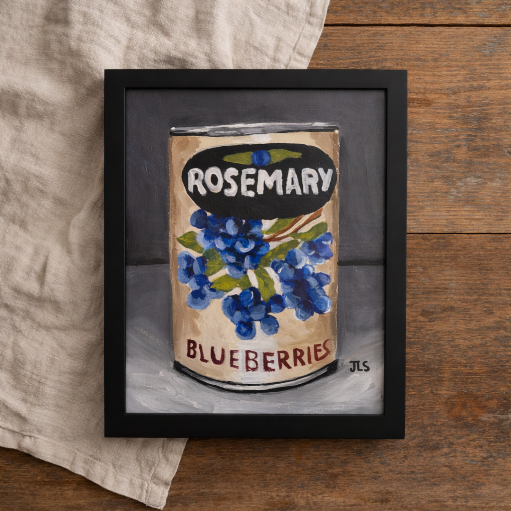 retro pantry can with rosemary label and blueberries design