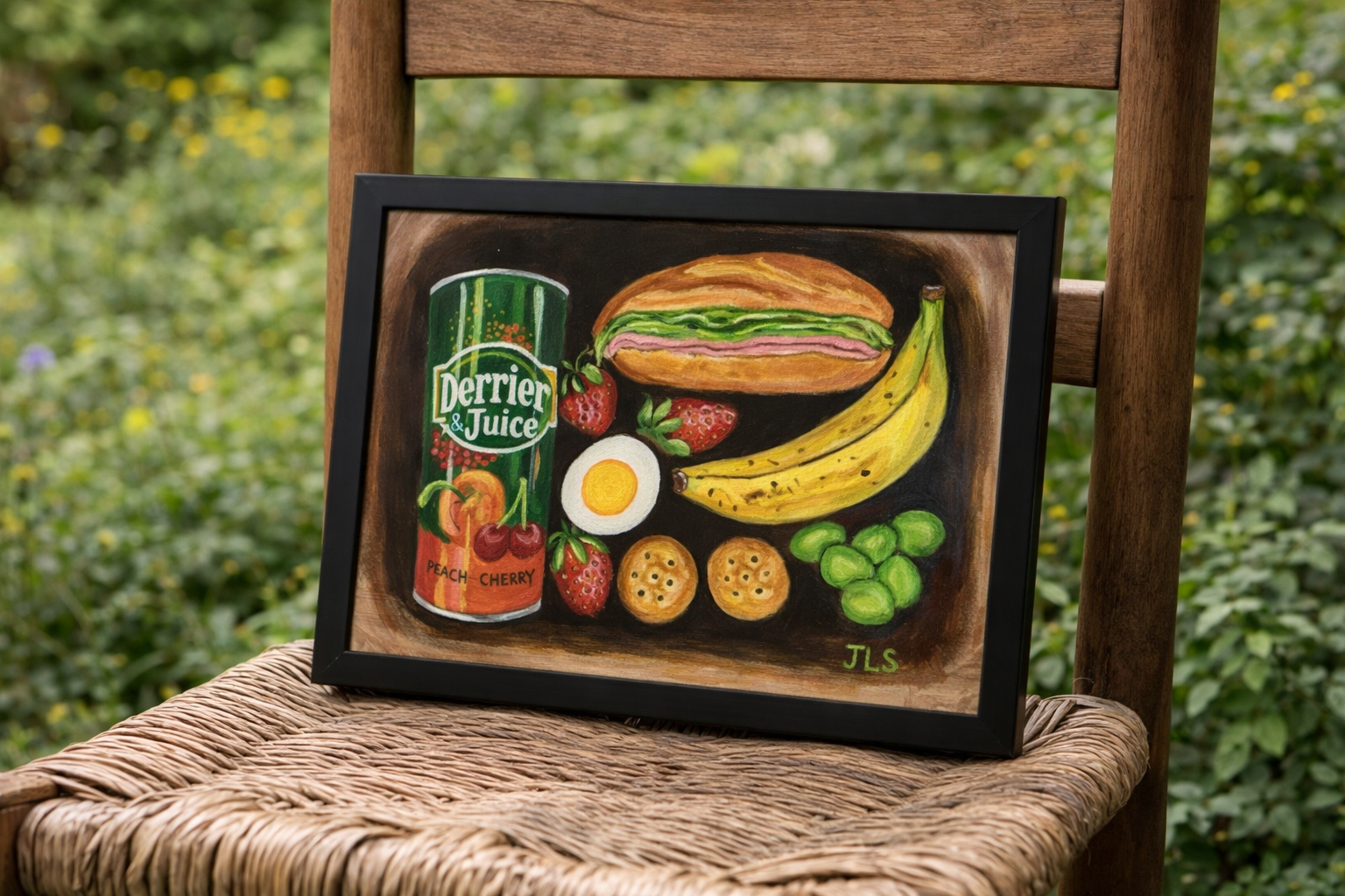 Still life painting of a lunchbox with a Perrier peach drink, sub sandwich, and banana.