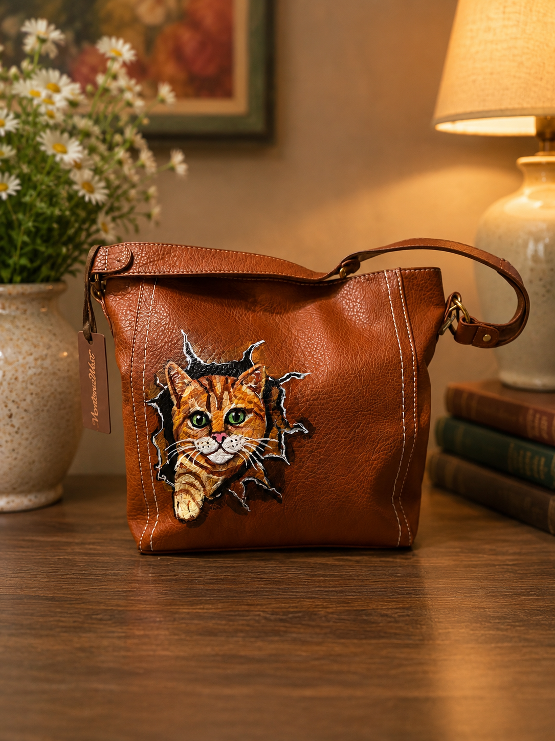 Hand-painted Montana West hobo handbag featuring an orange tabby cat emerging through the front of the cognac-colored purse.