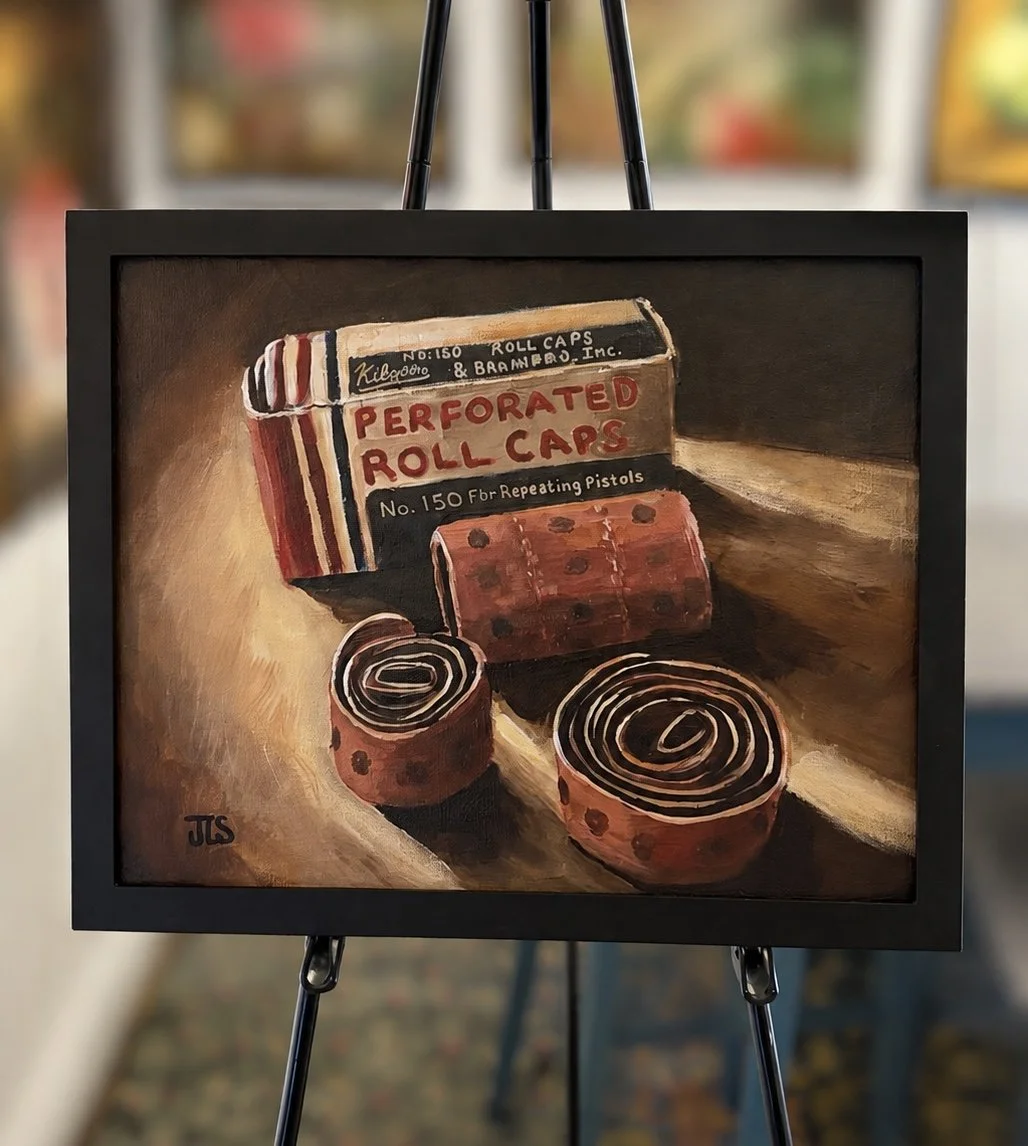 Painting of vintage toy roll caps and original roll caps box, nostalgic childhood acrylic painting.