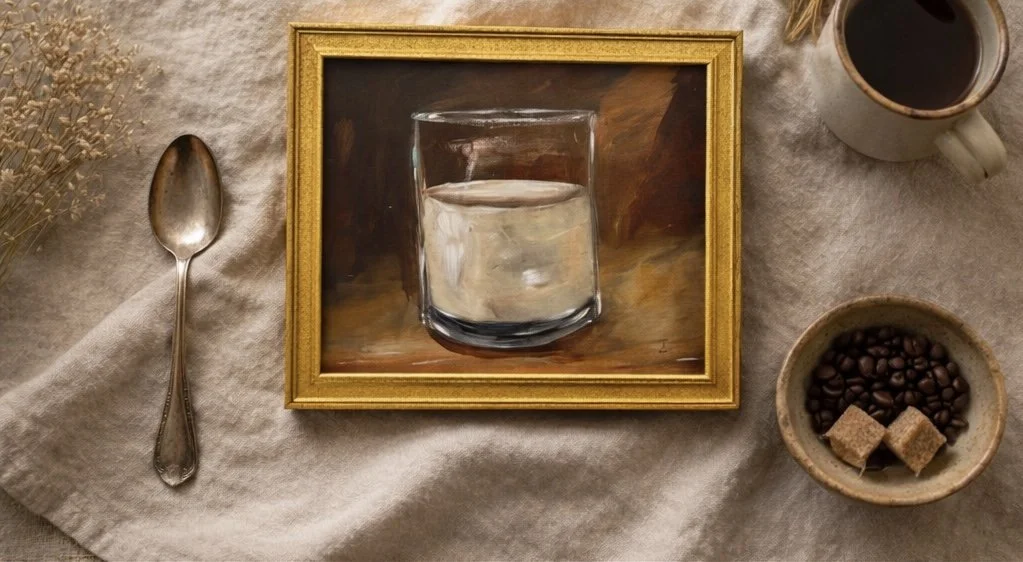 glass of milk in a clear tumbler against a warm brown background