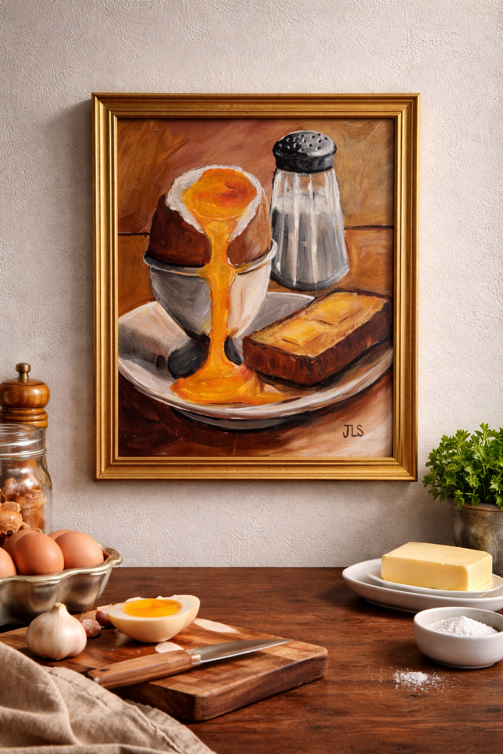 Realistic still life painting of a soft boiled egg, buttered toast, and a salt shaker.