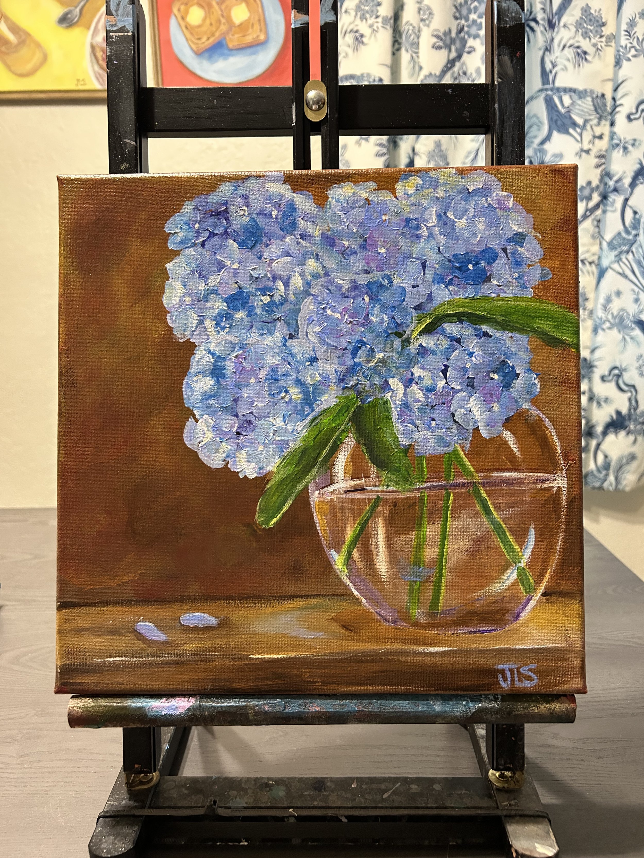 Floral classic still life artwork with purple blue flowers