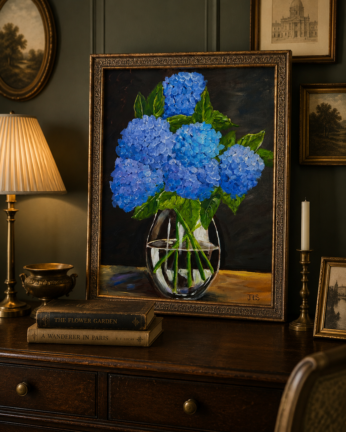 Framed blue hydrangea floral still life with glass vase reflection on wooden tabletop