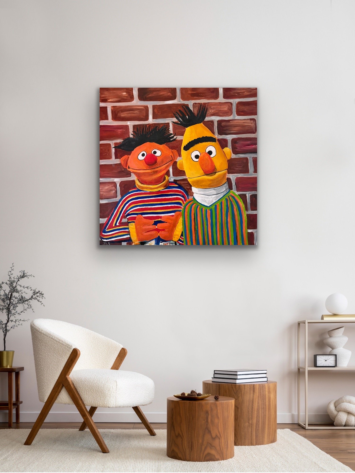 Still life painting of Ernie and Bert characters.