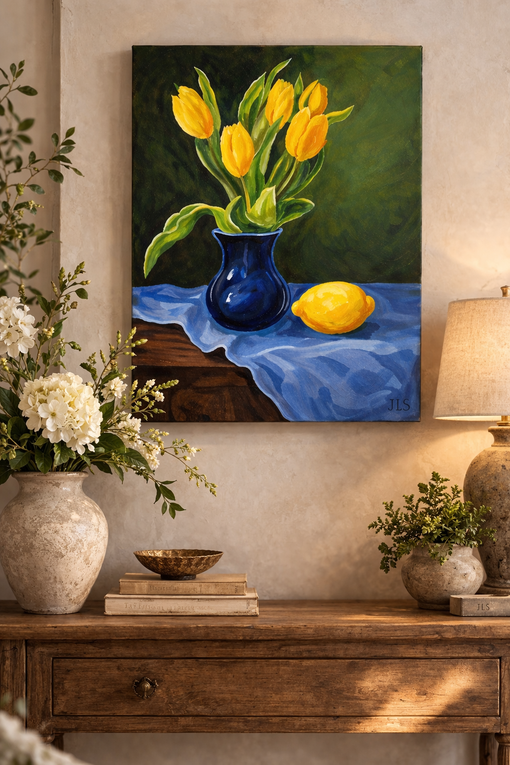 Yellow Tulips with Lemon and Blue Vase