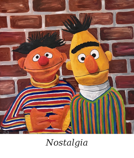 A painting of two puppet characters, Sesame Street's Ernie and Bert, standing against a brick wall background. Ernie is wearing a colorful striped shirt and making a playful gesture, while Bert is wearing a similarly colorful striped shirt and has a surprised expression.