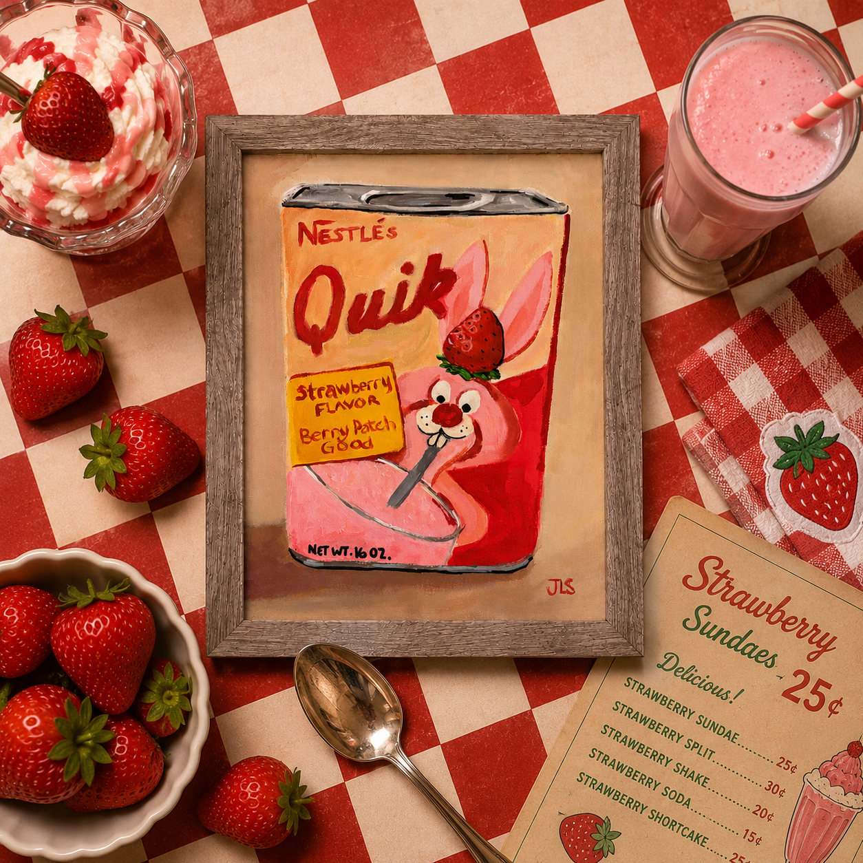 Retro strawberry kitchen artwork featuring a vintage Nestlé Strawberry Quik design, playful pink bunny character, and nostalgic childhood grocery store aesthetic.