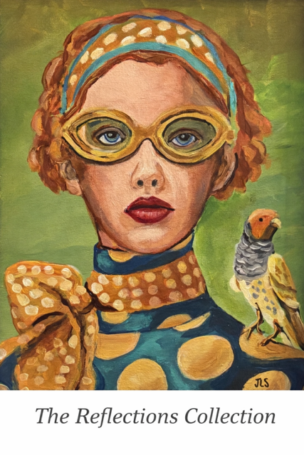 Painting of a woman with red hair wearing yellow glasses, a polka dot headband, a polka dot scarf, and a patterned dress, with a parakeet perched on her shoulder, against a green background.