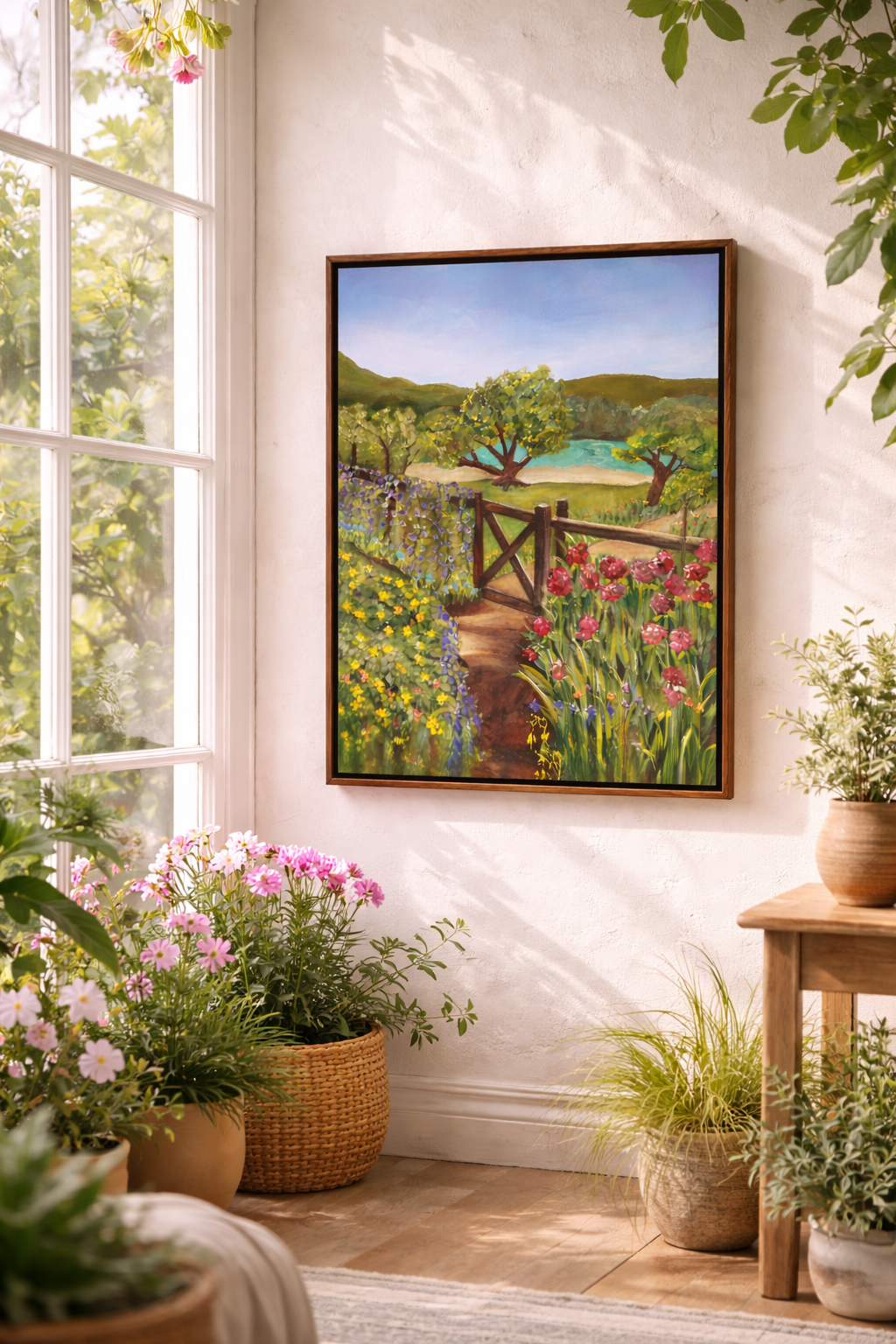 Sunlit garden path leading through a wooden gate, surrounded by blooming flowers in pink, yellow, and purple, with green trees and rolling hills beside a calm blue lake under a clear sky.