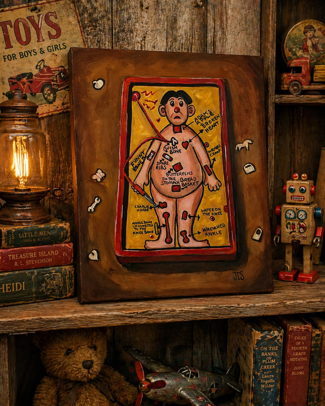 Close-up of Operation game character with red nose, dashed lines, and labeled body sections