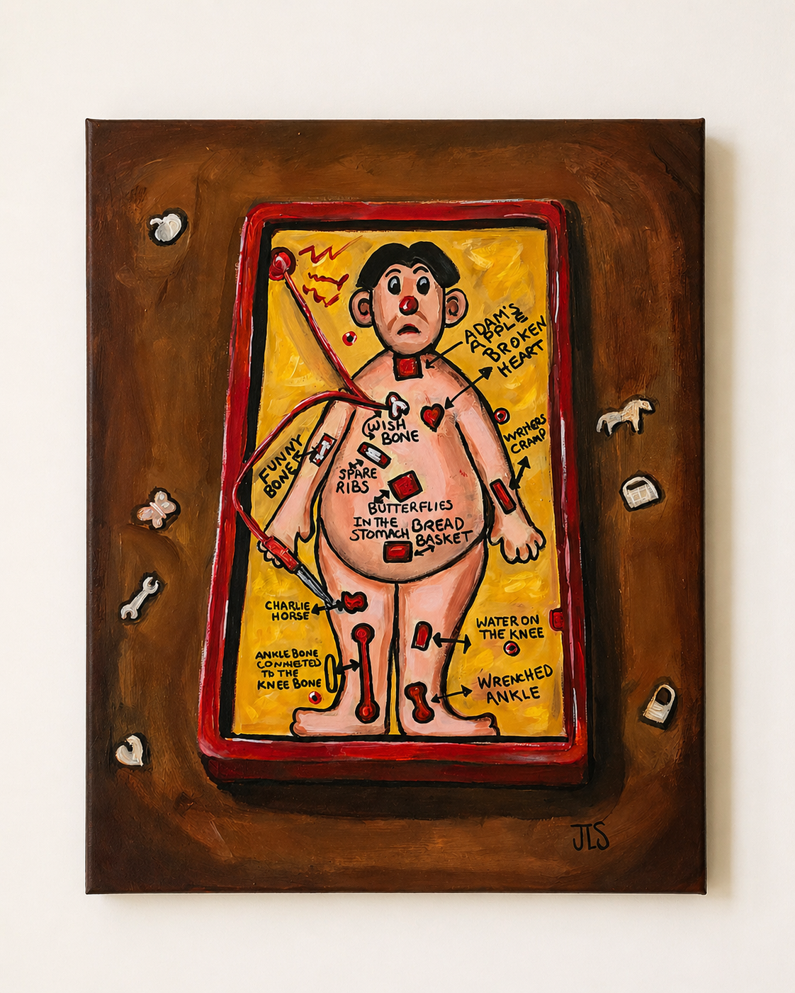 Vintage Operation game style figure with red nose, white body, and handwritten labels on brown background