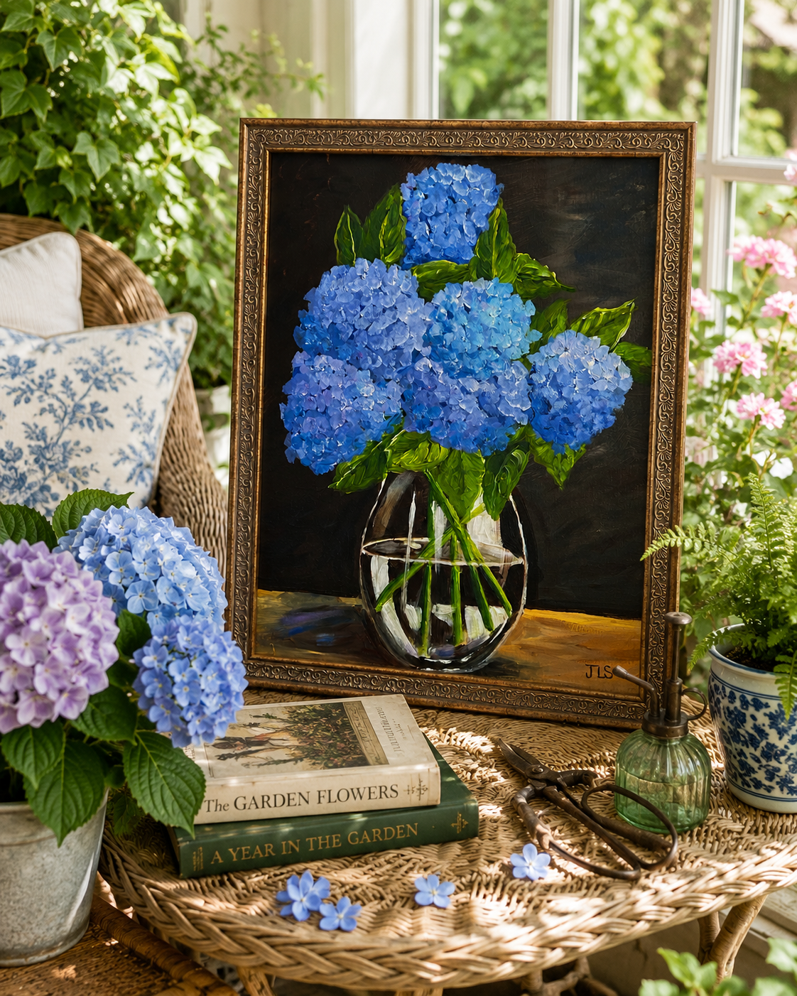 Blue hydrangea bouquet in clear glass vase with green leaves against dark moody background