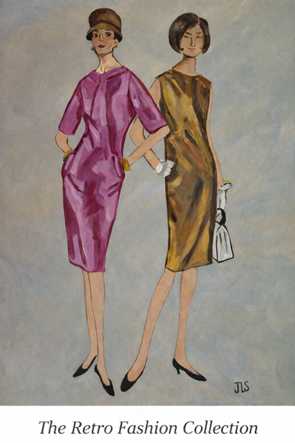 A painting of two women in vintage fashion outfits, one in a pink dress and the other in a yellow-brown dress, with accessories like hats and handbags, titled 'The Retro Fashio[n] Collection'.