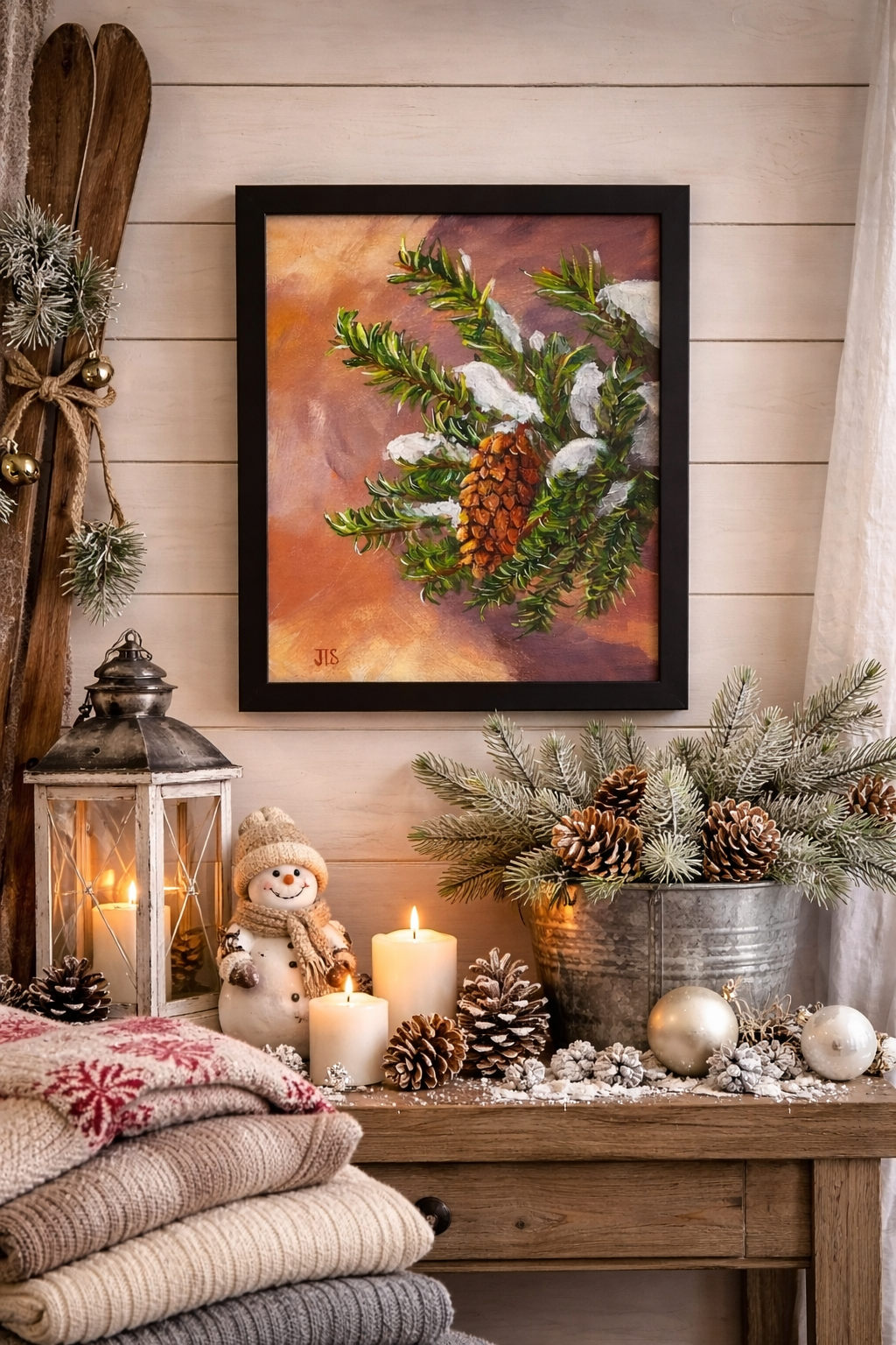 Classic still life painting of a pine cone and snow-covered pine branch.