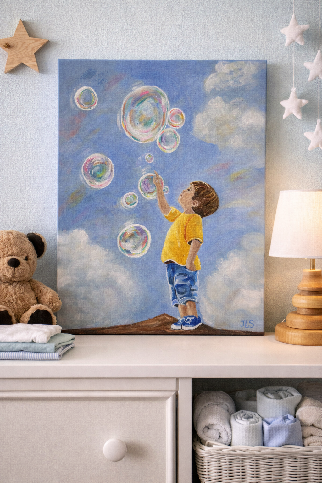 Painting of a little boy blowing bubbles against a blue sky.