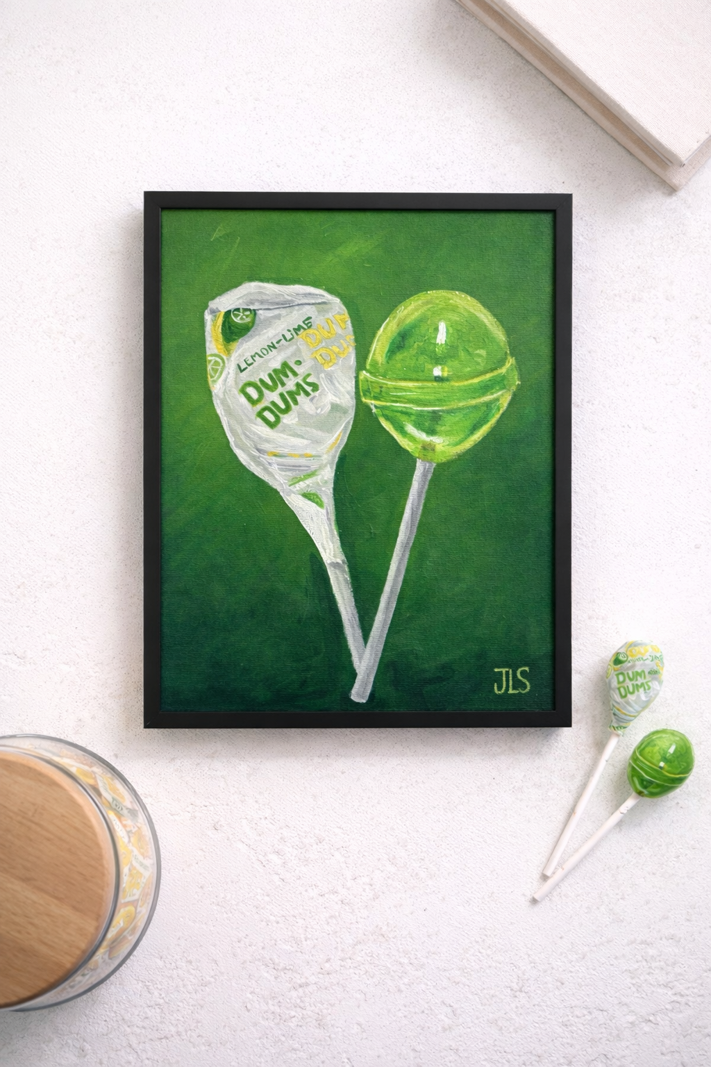 Dum Dums lollipops still life painting, nostalgic candy artwork with vibrant colors and playful classic Americana feel