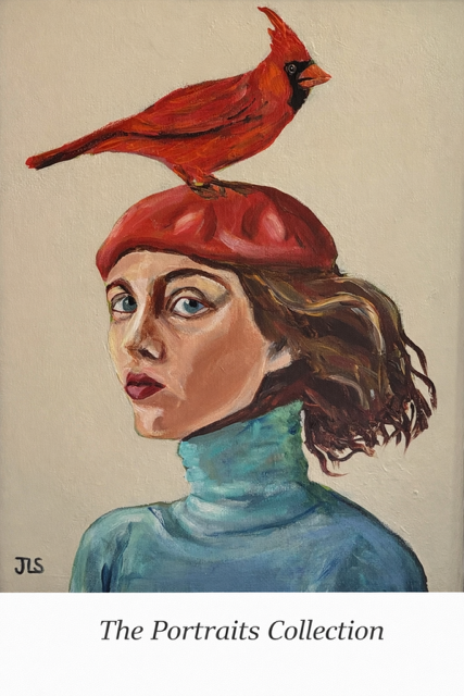 Painting of a woman with wavy brown hair in a blue turtleneck, wearing a red beret with a red cardinal perched on top, against a plain background.