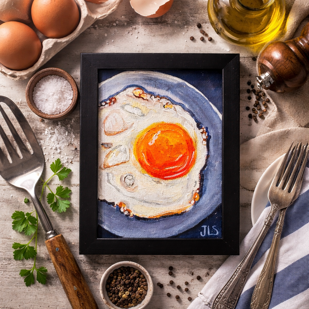 Small still life painting of a single fried egg on a blue background