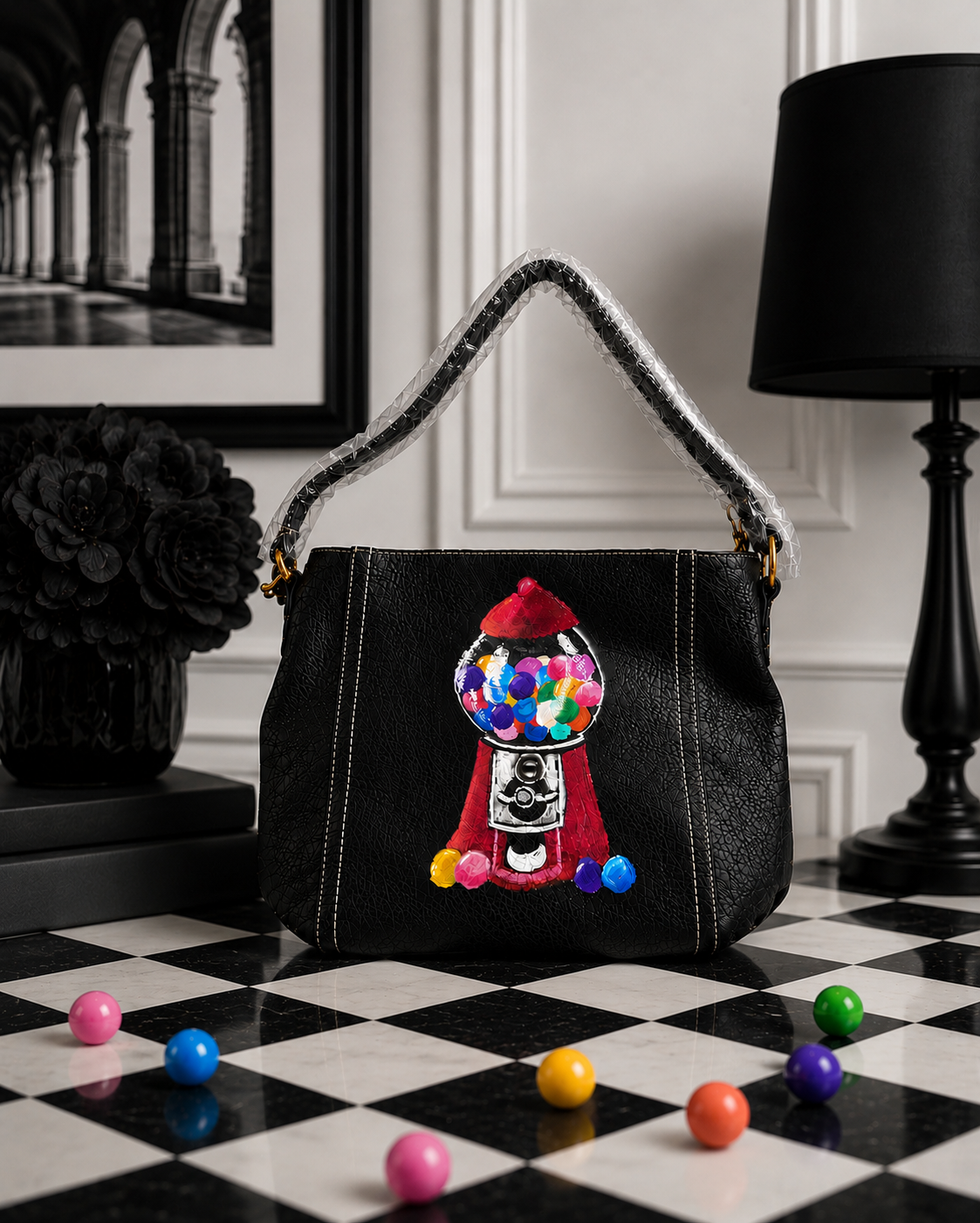 Hand-painted black hobo handbag featuring a vintage red gumball machine filled with colorful gumballs.