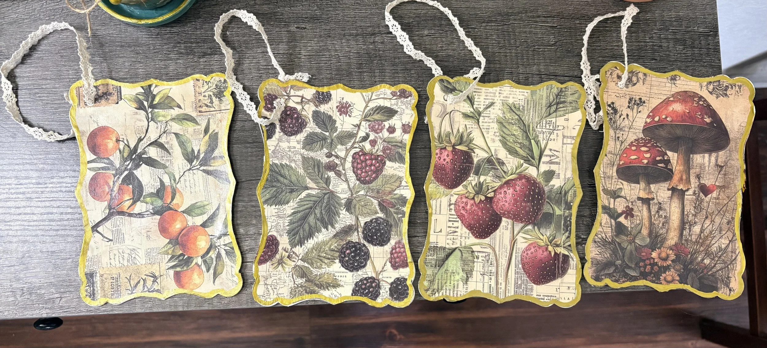 Handmade Decoupage Large Gift Tags — Set of 4 with Lace Hangers