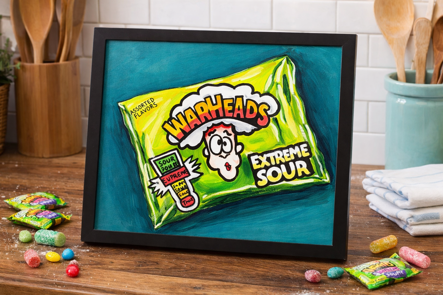 Nostalgic still life painting of Warheads sour candy.