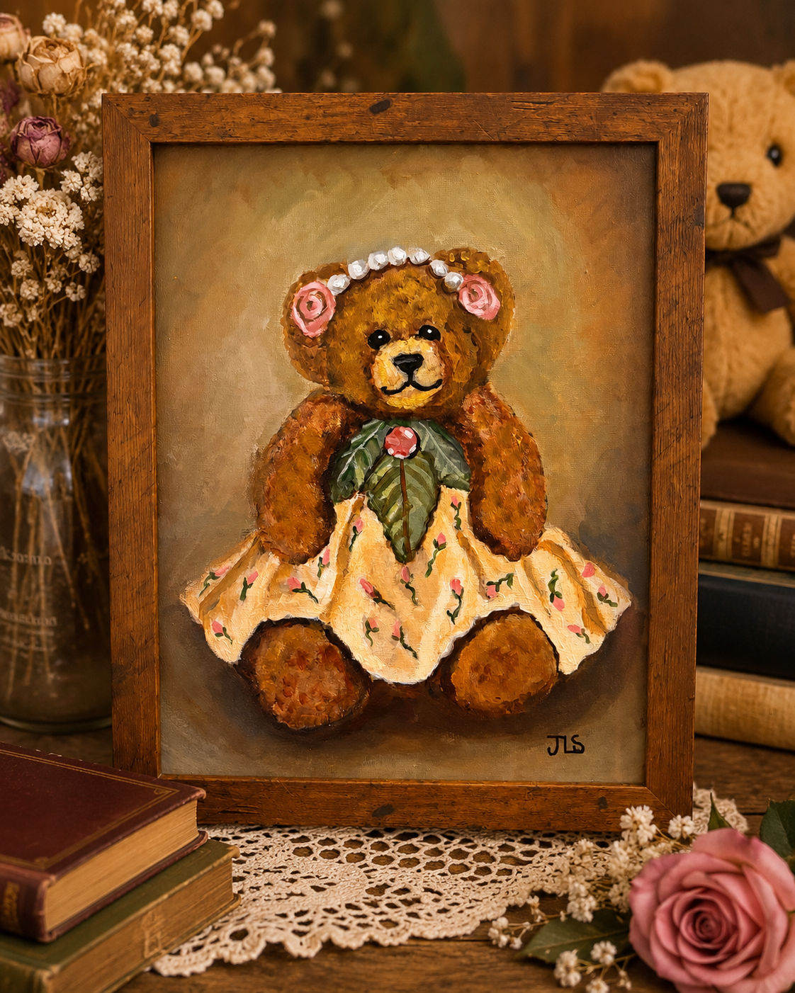 Painting of a handmade teddy bear in a floral dress.